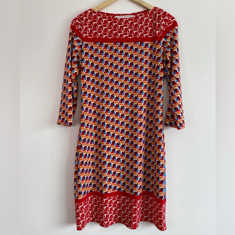 Max Studio Mod Geometric Pattern Boat Neck Vibrant Dress